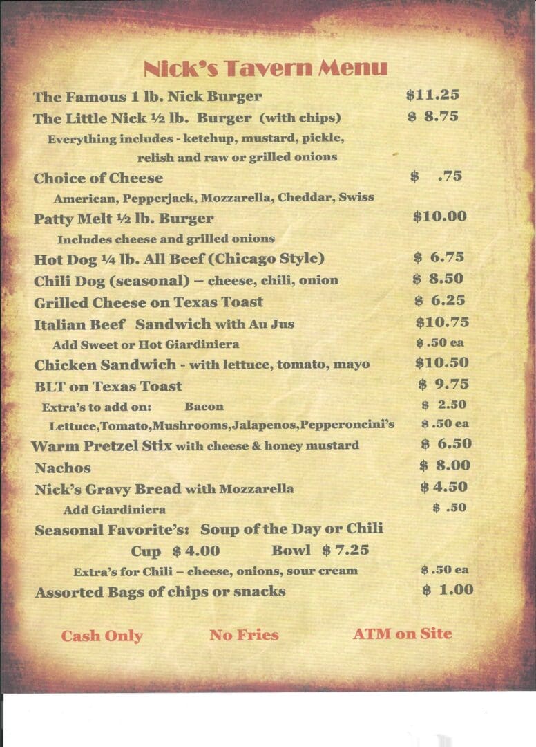 A menu of the restaurant, with prices.