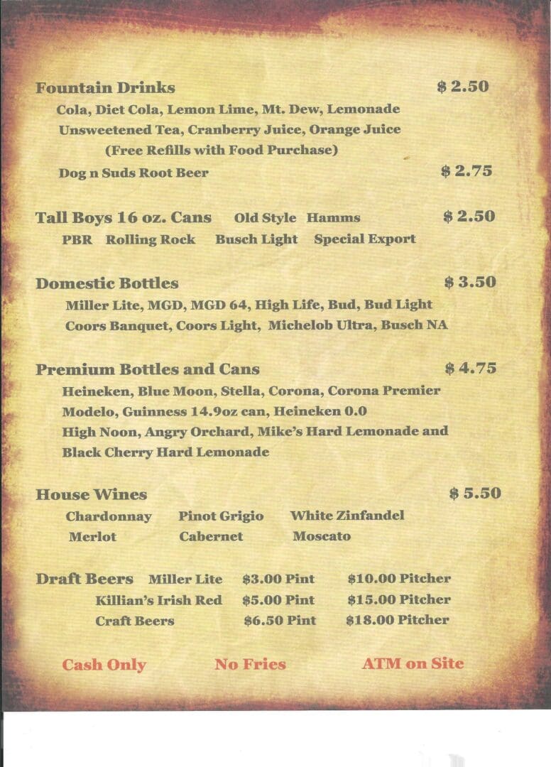 A menu of the restaurant at the mountain tavern